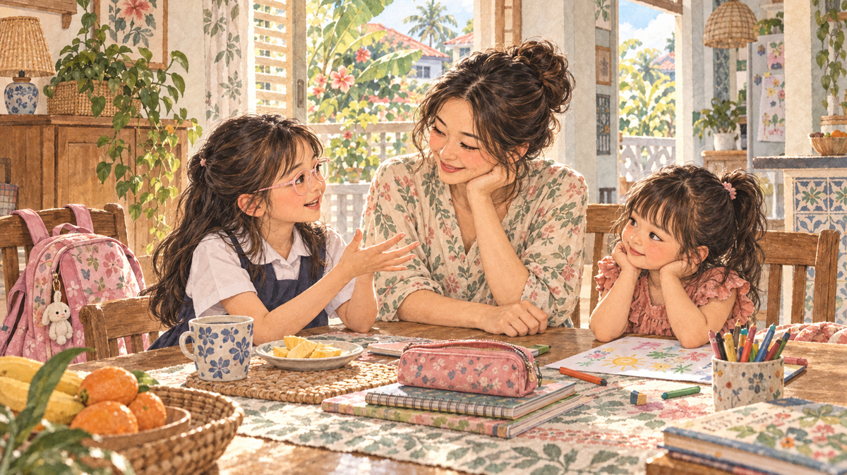 Watercolour illustration of a mother listening as her two daughters share small moments from their school day at home.