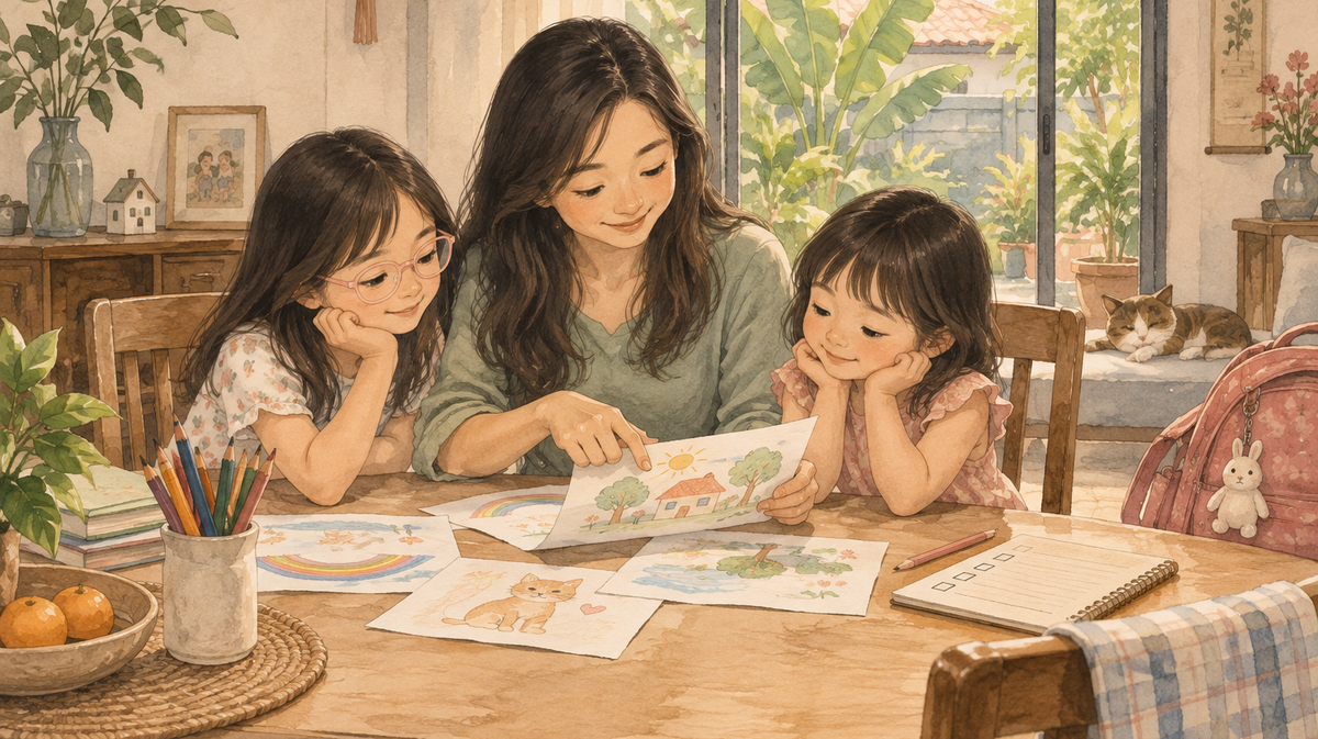 Watercolor illustration of a mother and two daughters settling at a table after school in a warm Malaysian home.