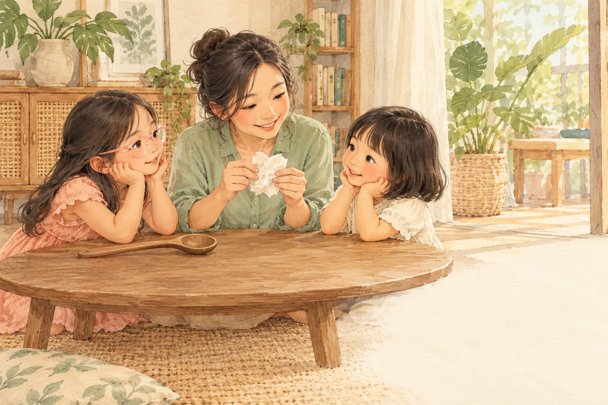 A mother and two daughters listen to the sound of crinkled paper at a wooden table.