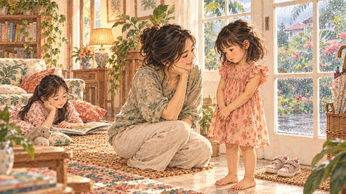 A mother listens beside her disappointed daughter near a rainy window, with park shoes waiting by the door.