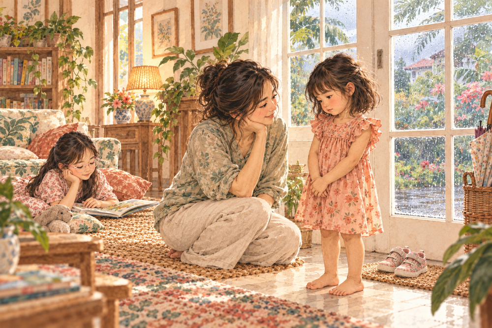 A mother listens beside her disappointed daughter near a rainy window, with park shoes waiting by the door.