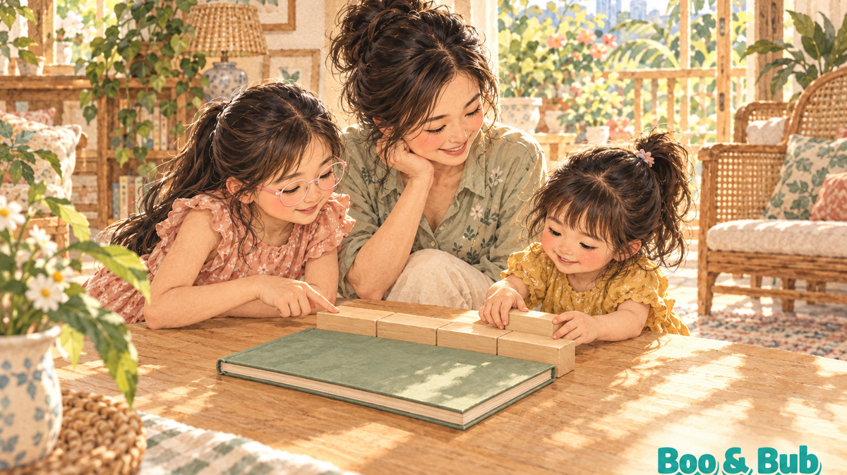 A mother and two daughters explore the length of a closed book with equal wooden blocks; the older daughter wears pale-pink glasses.