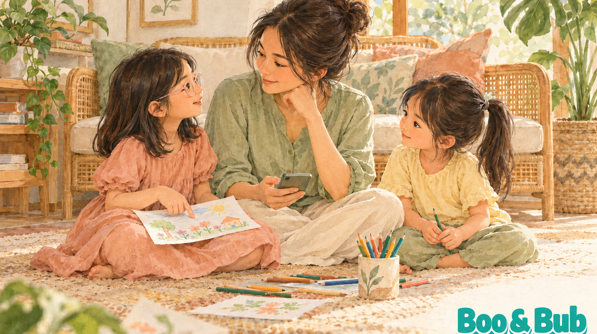 A mother pauses with her phone lowered and listens to her two daughters beside a drawing; the older daughter wears pale-pink glasses.
