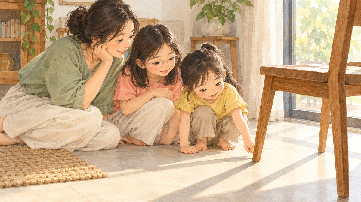 A mother and two daughters notice a wooden chair's shadow by a bright window; the older daughter wears pale-pink glasses.