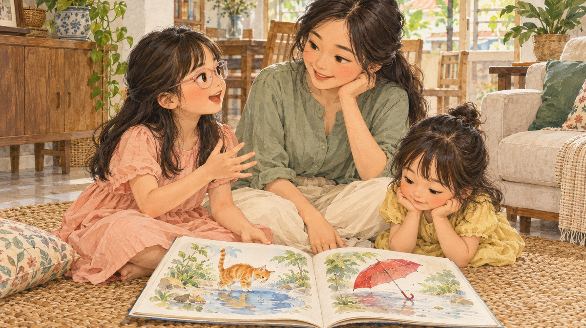 A mother listens to her two daughters sharing an original wordless picture book; the older daughter wears pale-pink glasses.