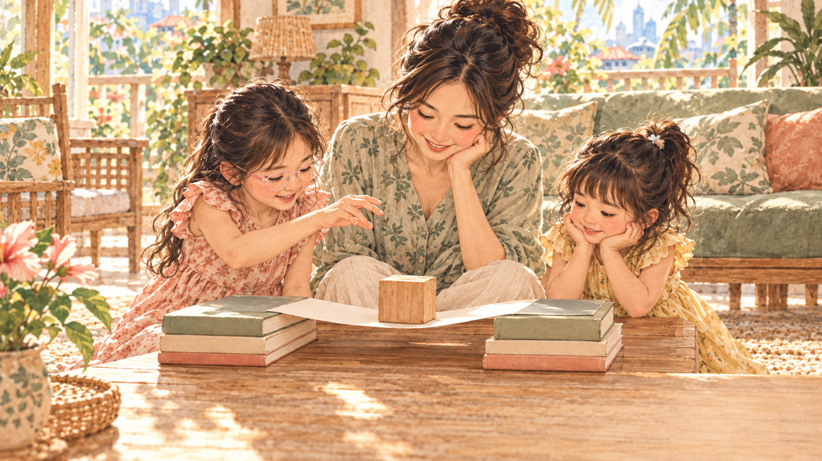 A mother and two daughters observe a wooden block bending a flat paper bridge between equal book stacks; the older daughter wears pale-pink glasses.