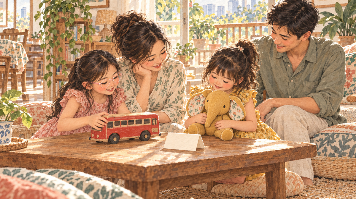 A mother and father watch their two daughters choose a wooden bus and soft elephant for a tabletop museum; the older girl wears pale-pink glasses.