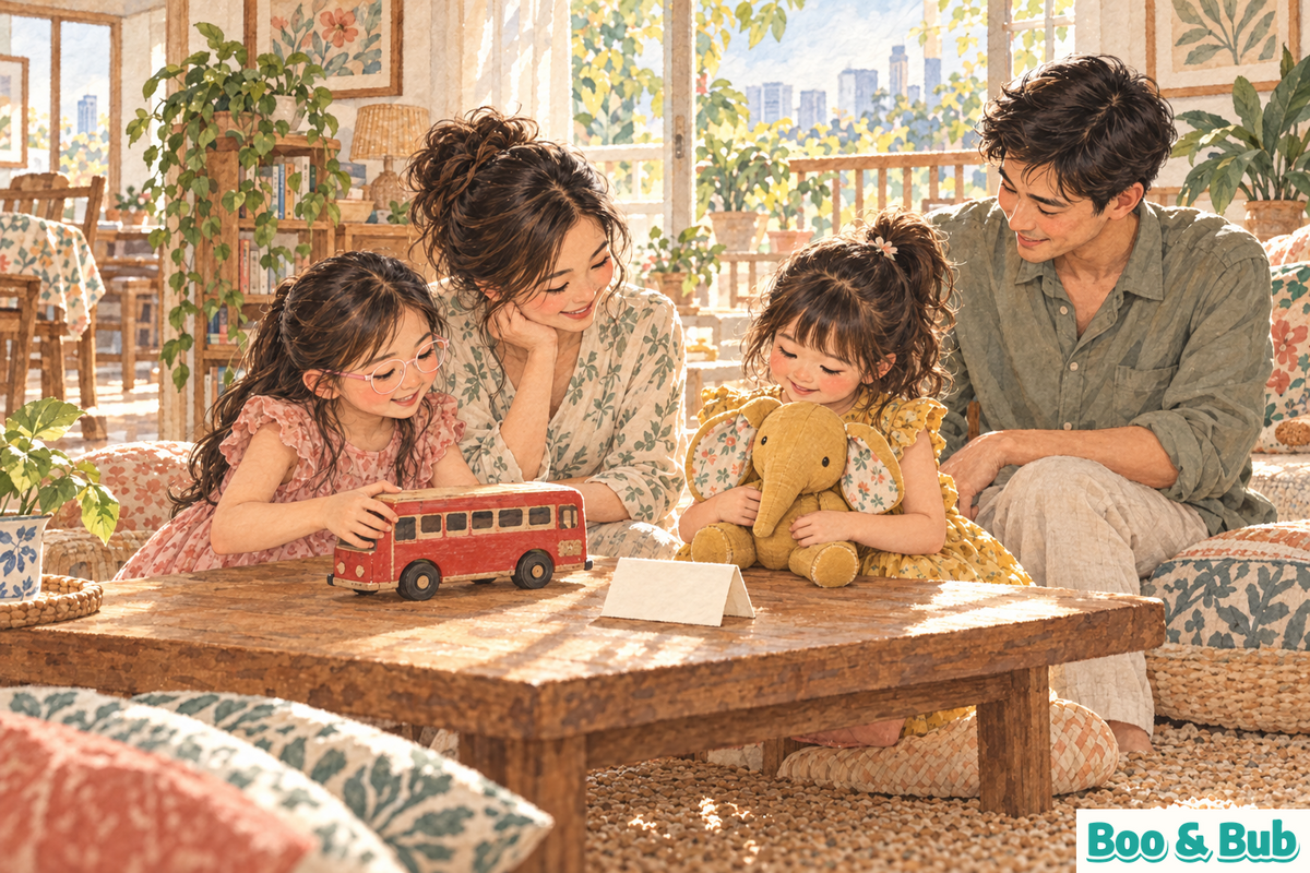 A mother and father watch their two daughters choose a wooden bus and soft elephant for a tabletop museum; the older girl wears pale-pink glasses.