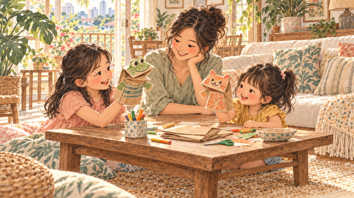 A mother watches her two daughters hold frog and cat paper-bag puppets at a coffee table; the older girl wears pale-pink glasses.