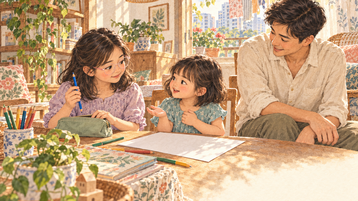 A father watches his younger daughter ask her older sister for a blue pencil beside a sage pencil pouch; the older girl wears pale-pink glasses.