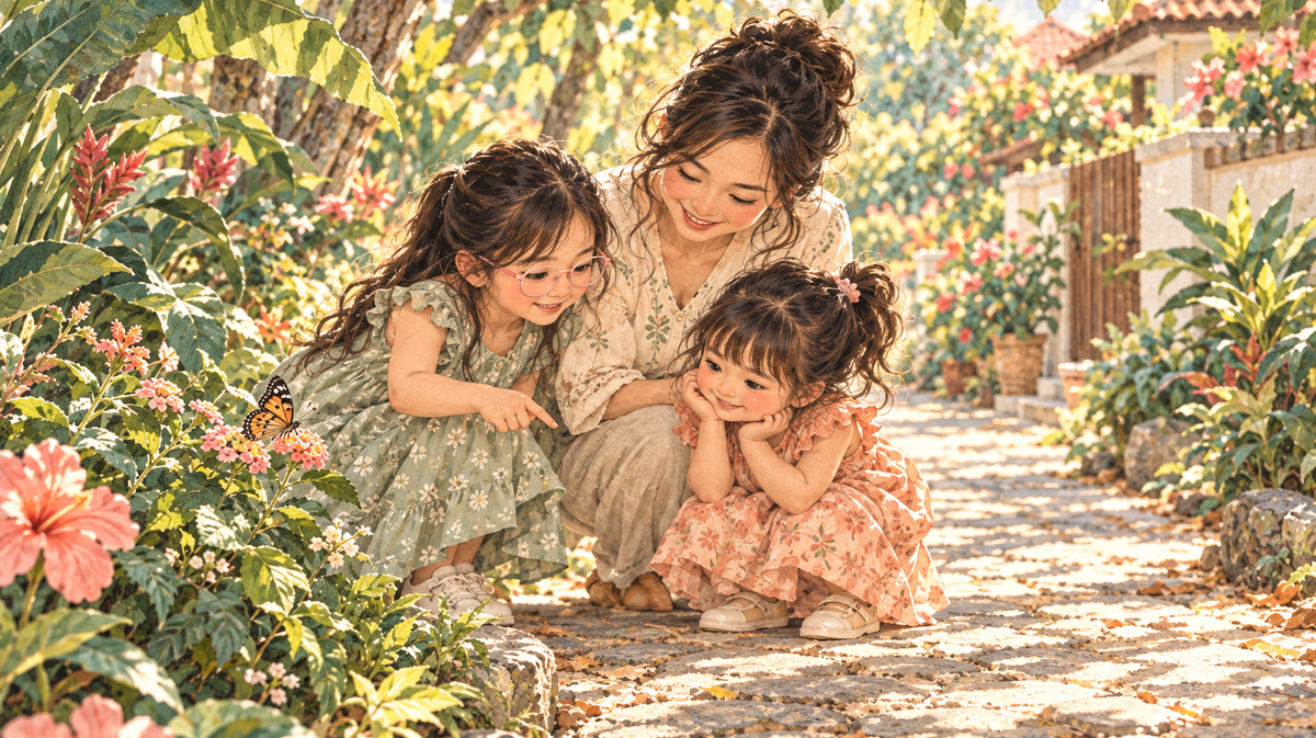 Watercolor illustration of a mother and two girls observing a butterfly on a shaded garden path.