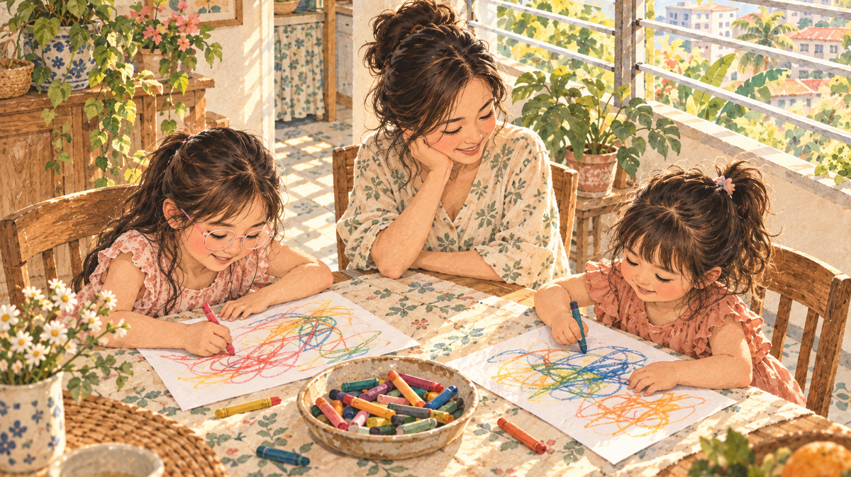 Watercolor illustration of a mother watching two daughters make their own crayon drawings at a dining table.
