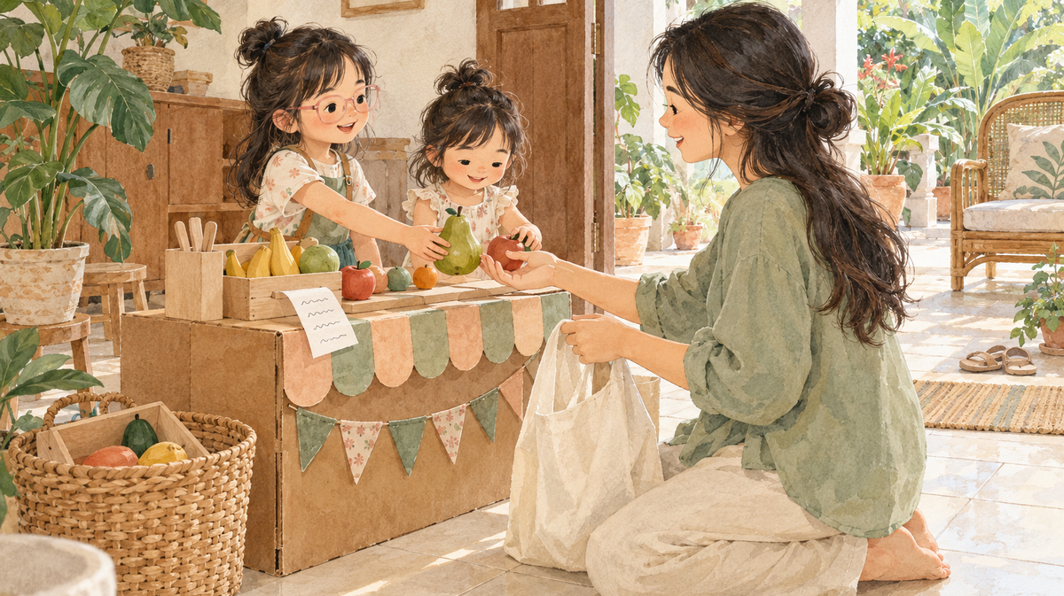 Watercolor illustration of two girls running a pretend fruit shop while their mother visits with a cloth bag.