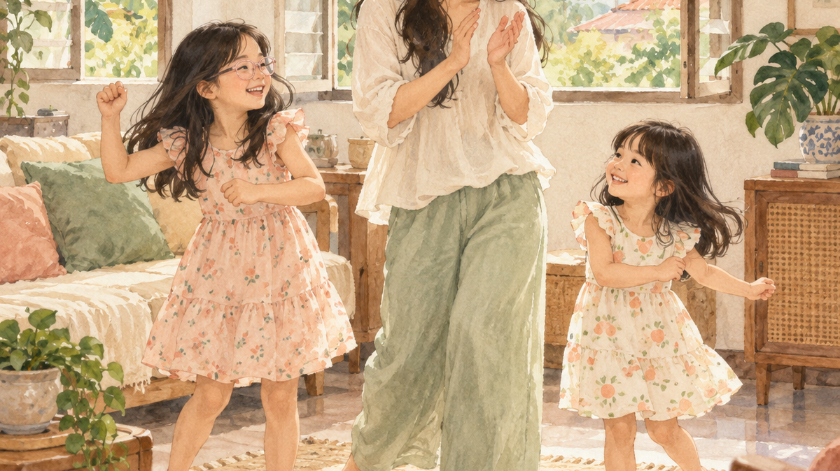 Watercolor illustration of a mother clapping while two girls enjoy music and movement at home.