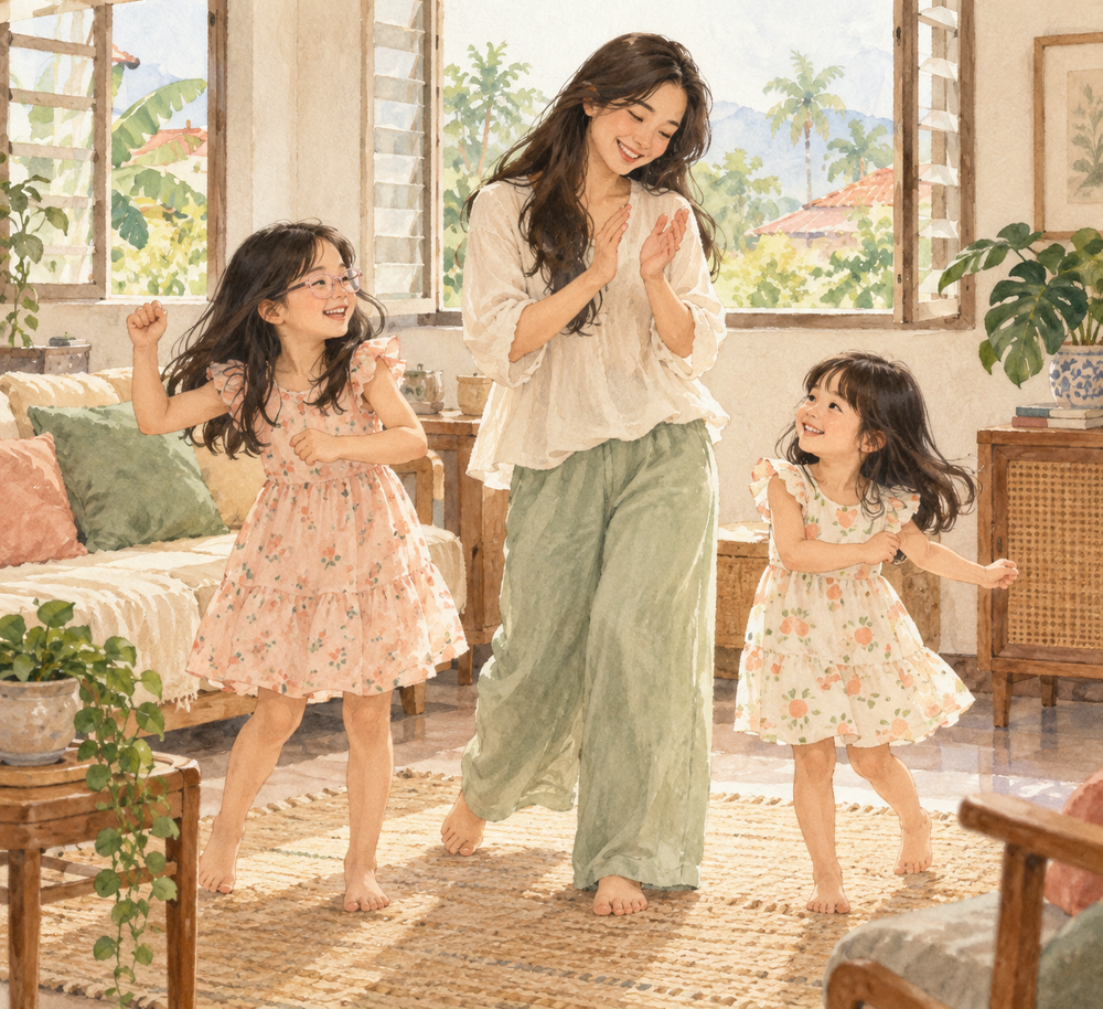 Watercolor illustration of a mother clapping while two girls enjoy music and movement at home.