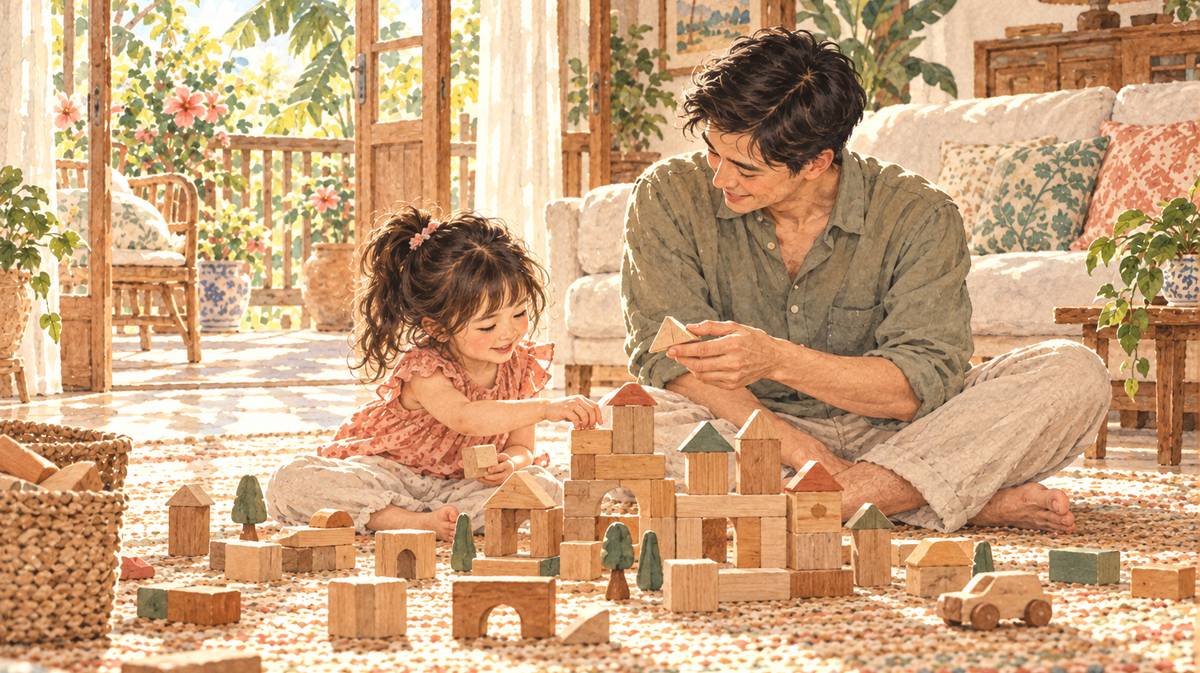 A father and daughter build a wooden block village together.