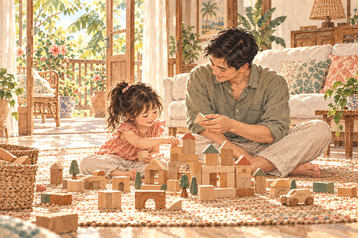 A father and daughter build a wooden block village together.