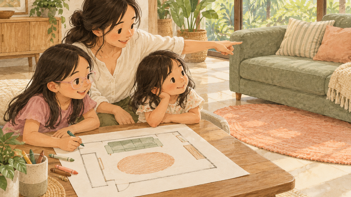 A mother and two daughters compare a handmade room map with their sofa and rug; the older daughter wears pale-pink glasses.