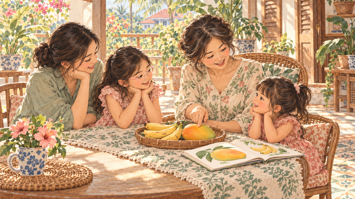 Watercolour illustration of a mother, younger-looking grandmother and two girls talking about fruit on a Malaysian veranda; the older girl wears pink glasses.