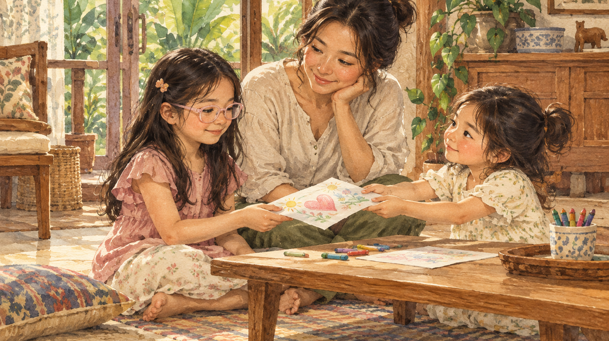 Watercolor illustration of a mother and two daughters reconnecting over a drawing.