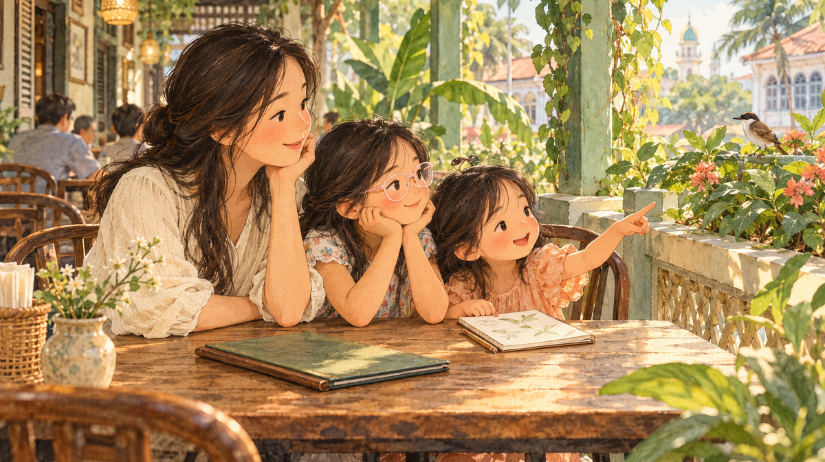 Watercolor illustration of a mother and two daughters spotting a bird while waiting at a Malaysian café.