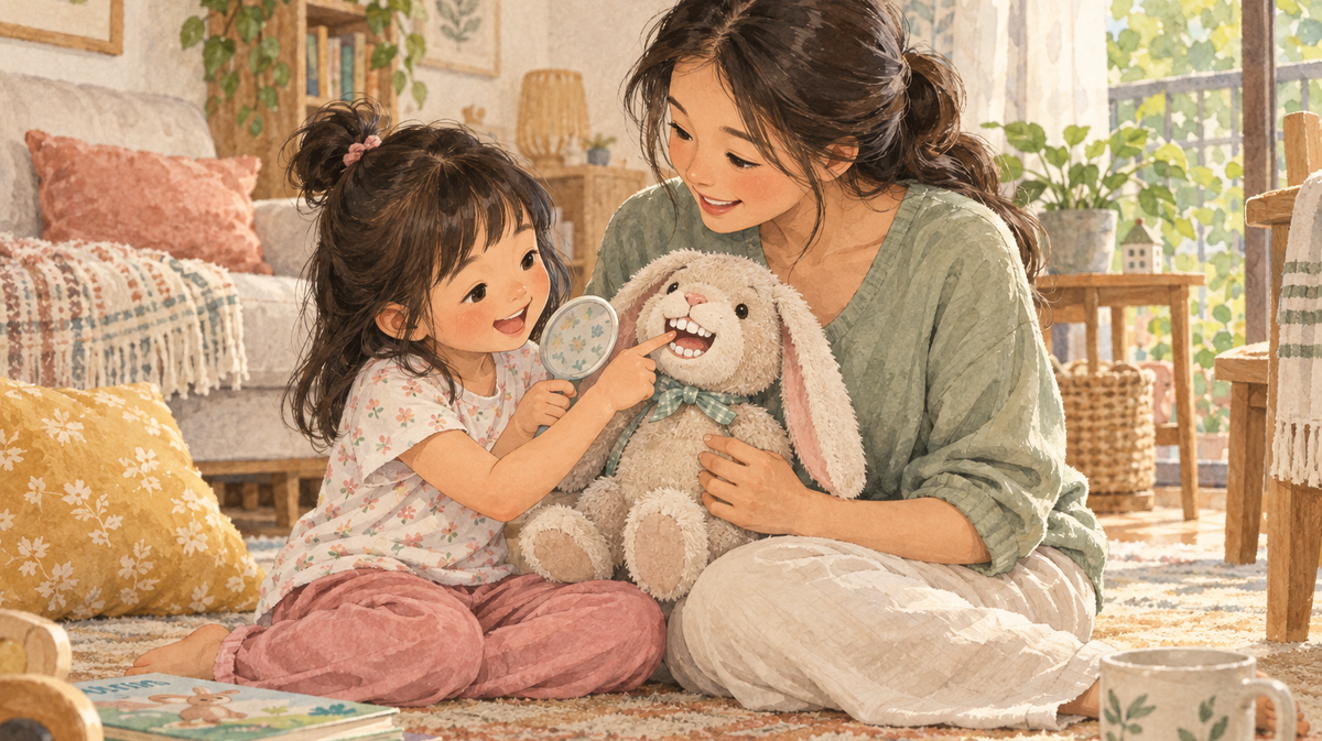 Watercolour storybook illustration of a mother and young daughter practising a dental check-up on a plush rabbit at home, with the child holding a mirror.