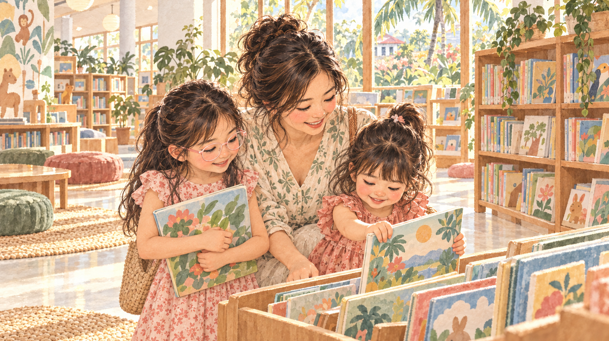 Illustration of a mother and two children choosing picture books in a bright library.
