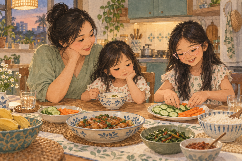 Watercolour illustration of a mother and two daughters having a calm dinner in a Malaysian kitchen; the older daughter wears pale pink glasses.