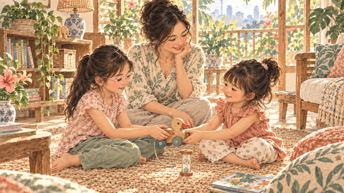 Watercolour illustration of a mother helping two daughters take turns with a wooden toy; the older daughter wears pale pink glasses.