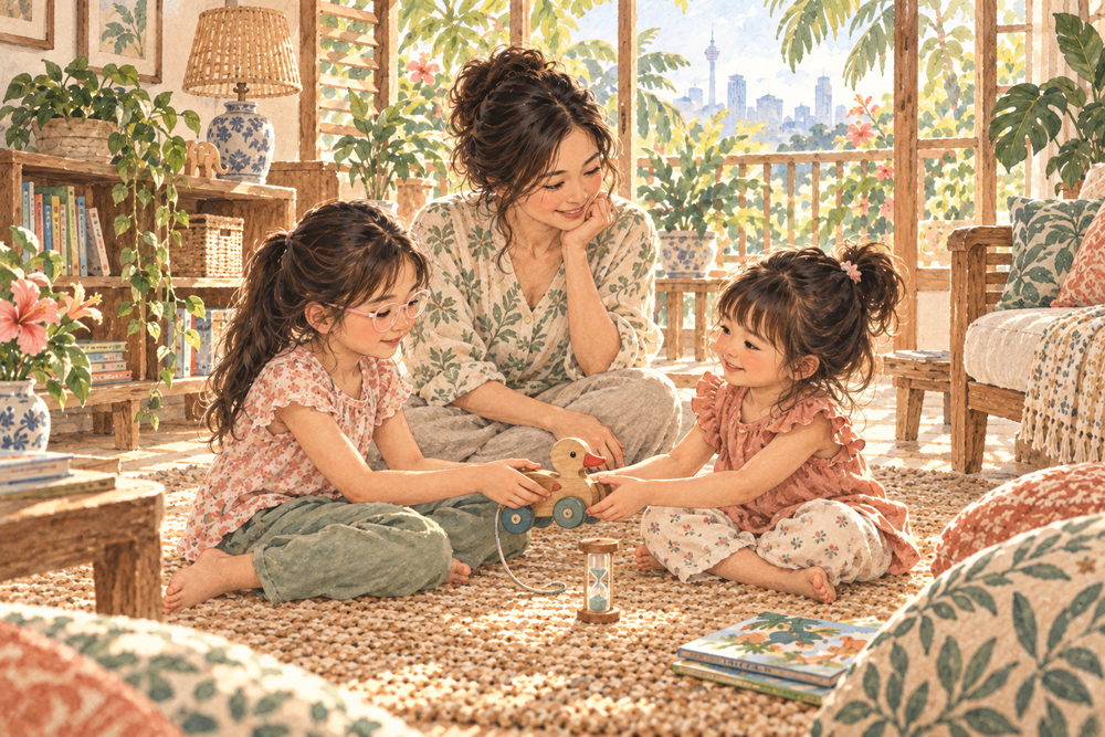 Watercolour illustration of a mother helping two daughters take turns with a wooden toy; the older daughter wears pale pink glasses.