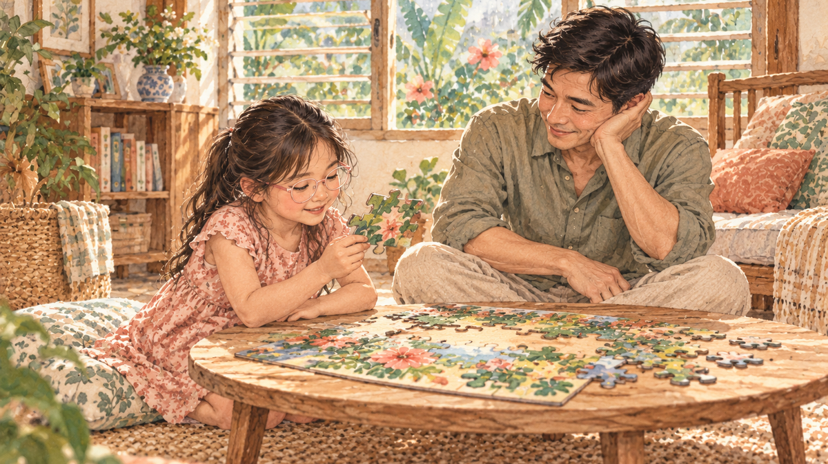 Watercolour illustration of a father sitting beside his daughter as she explores a jigsaw puzzle.