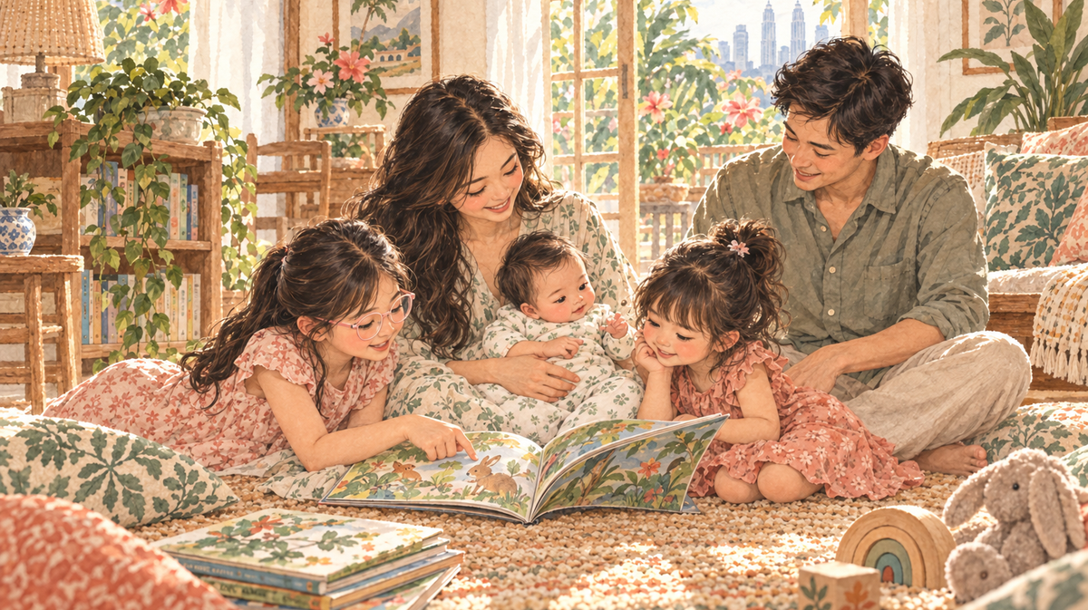 Watercolour storybook illustration of two sisters looking at a picture book beside their mother, father and newborn baby in a sunlit home; the older sister wears pale-pink glasses.