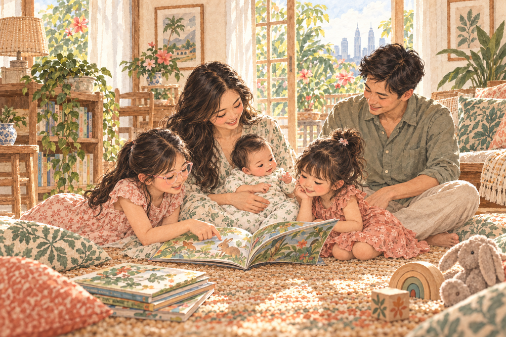Watercolour storybook illustration of two sisters looking at a picture book beside their mother, father and newborn baby in a sunlit home; the older sister wears pale-pink glasses.
