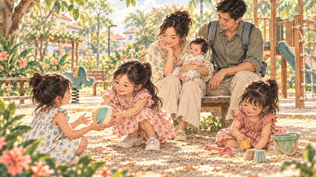 Watercolour illustration of two sisters and a peer sharing a ball at a leafy neighborhood play area, with their parents and baby nearby.