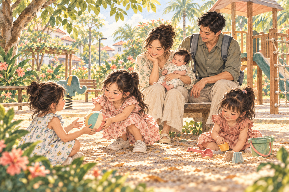 Watercolour illustration of two sisters and a peer sharing a ball at a leafy neighborhood play area, with their parents and baby nearby.