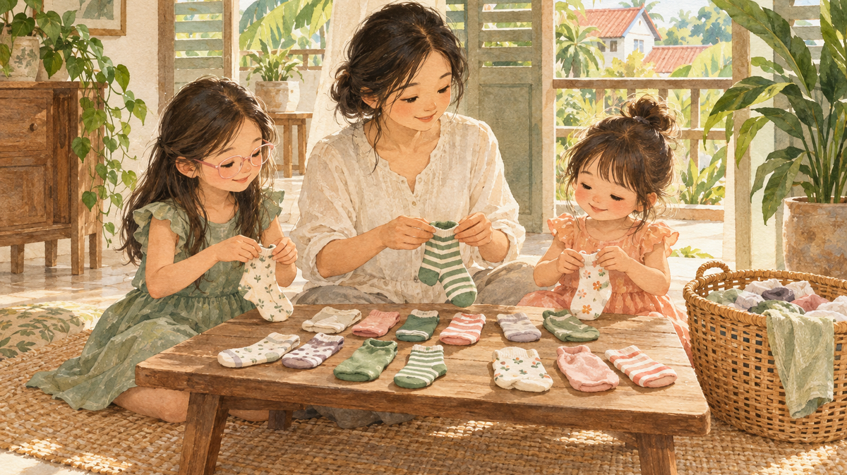 Watercolor illustration of a mother and two daughters matching clean socks in a Malaysian home.