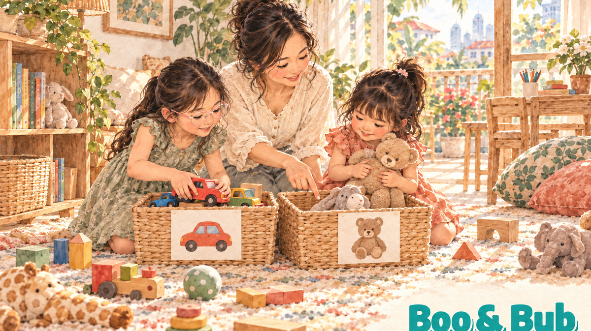 Watercolor illustration of a mother and two daughters putting toy cars and soft toys in picture-labelled baskets.