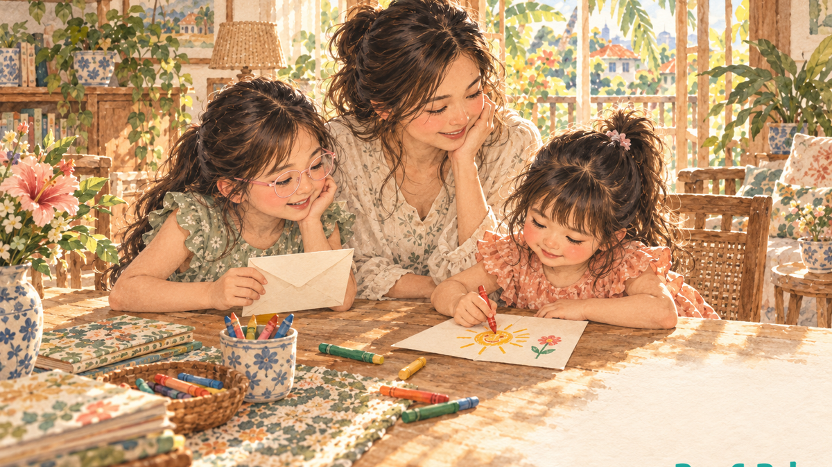 Watercolor illustration of a mother and two daughters making a picture note for someone far away.