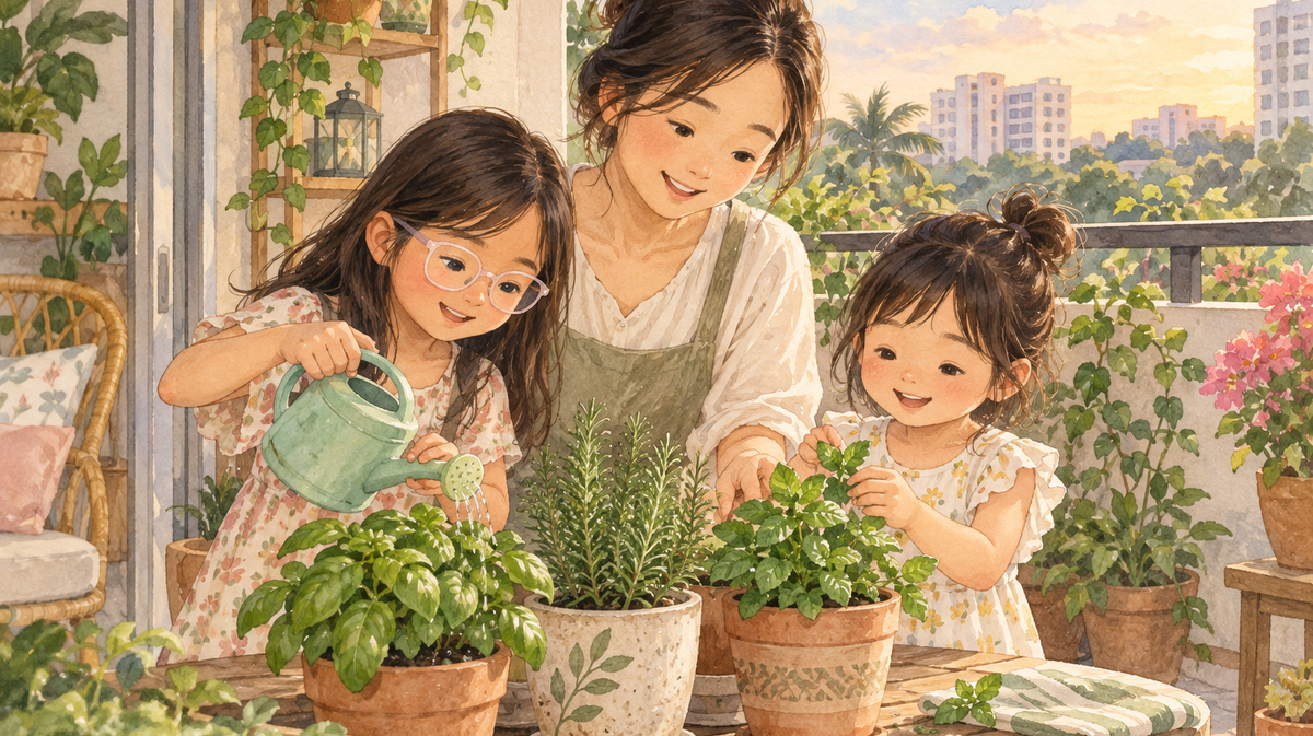 Watercolor illustration of a mother and two daughters watering balcony plants together in a Malaysian home.