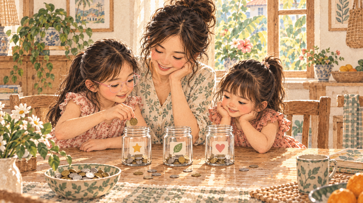 Watercolour illustration of a mother and two daughters sorting coins into jars at home; the older daughter wears pale-pink glasses.