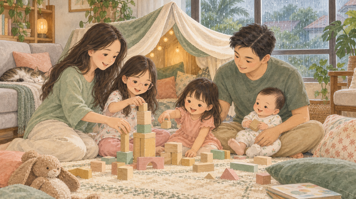 Watercolor illustration of a family enjoying gentle indoor play on a rainy day in a Malaysian home.