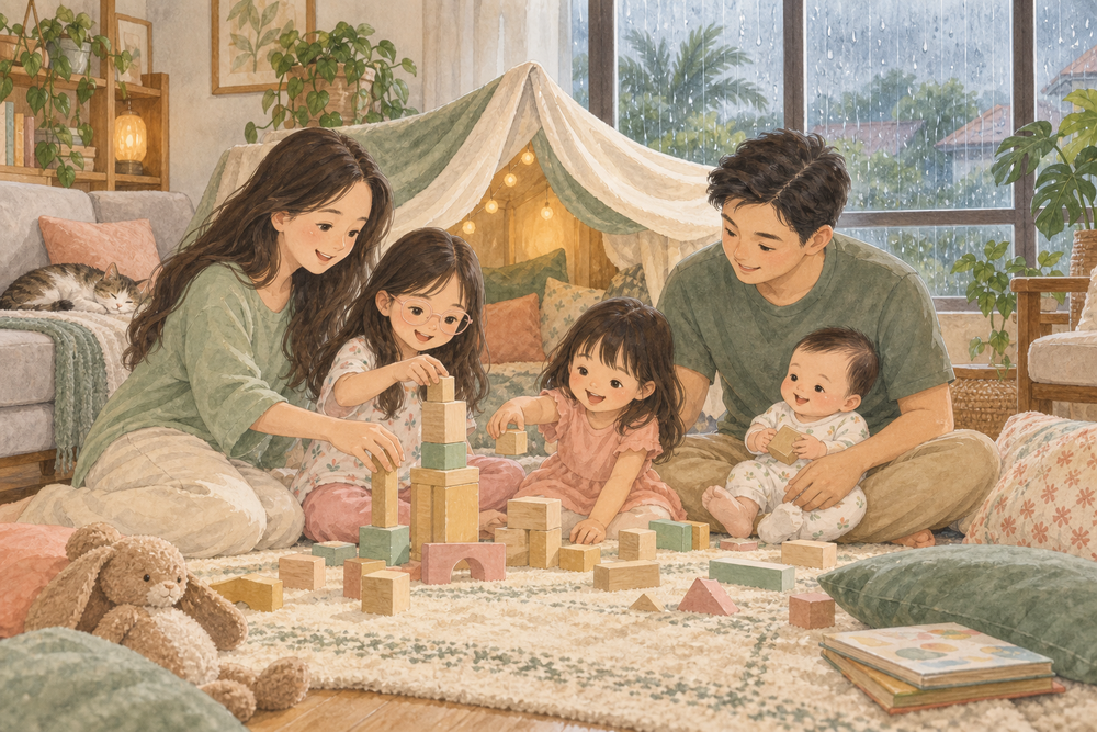 Watercolor illustration of a family enjoying gentle indoor play on a rainy day in a Malaysian home.
