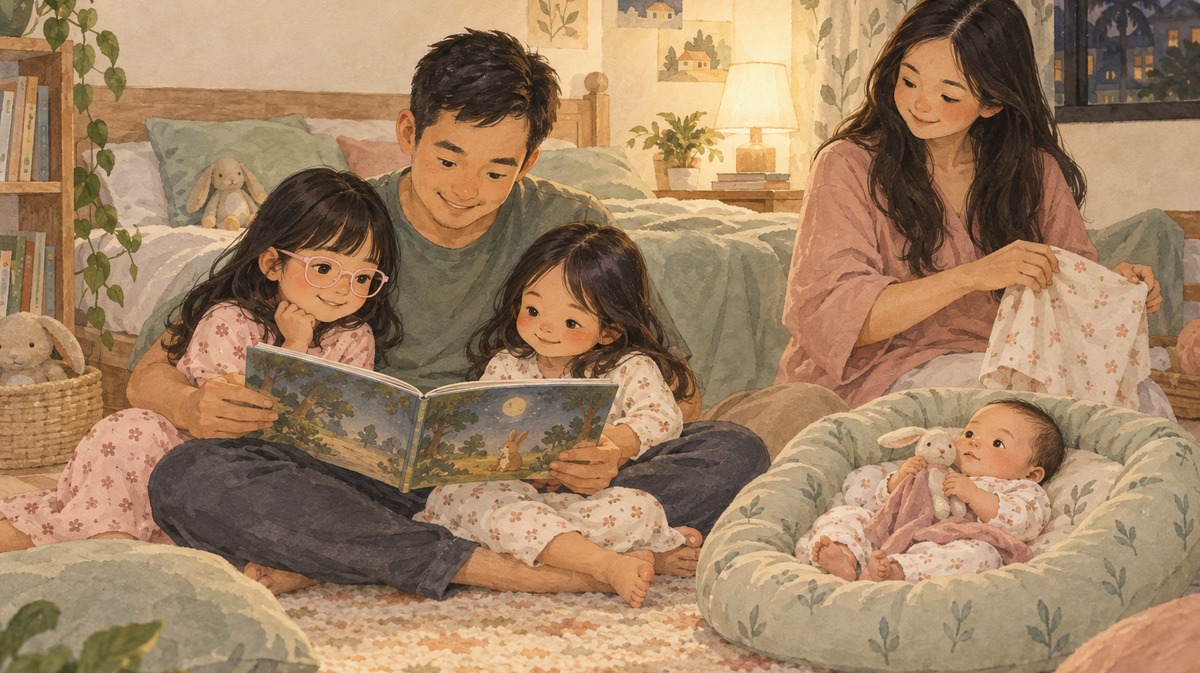 Watercolor illustration of a family sharing a bedtime story in a warm Malaysian home.
