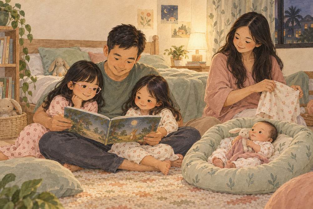 Watercolor illustration of a family sharing a bedtime story in a warm Malaysian home.