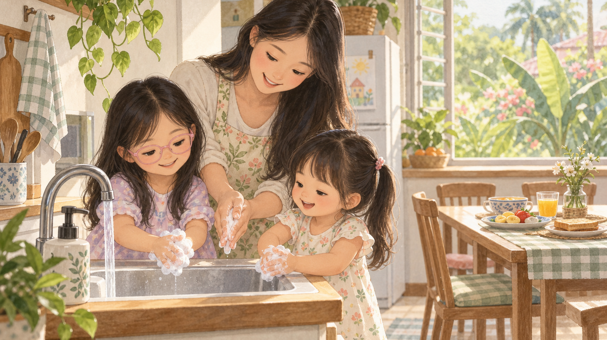Watercolor illustration of a mother and two daughters washing hands before breakfast in a warm Malaysian kitchen.