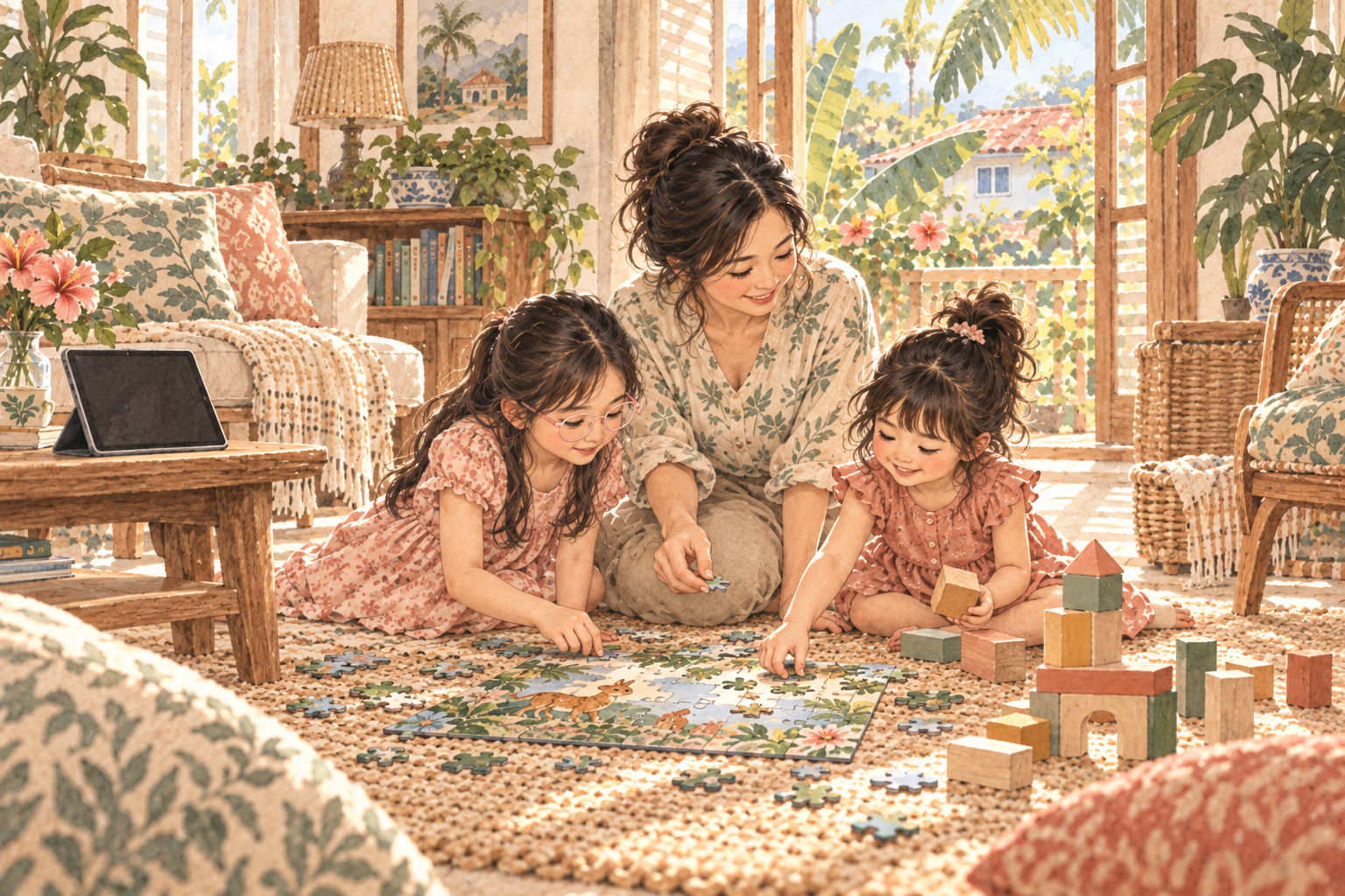 Watercolor illustration of a mother and two daughters beginning a puzzle after screen time