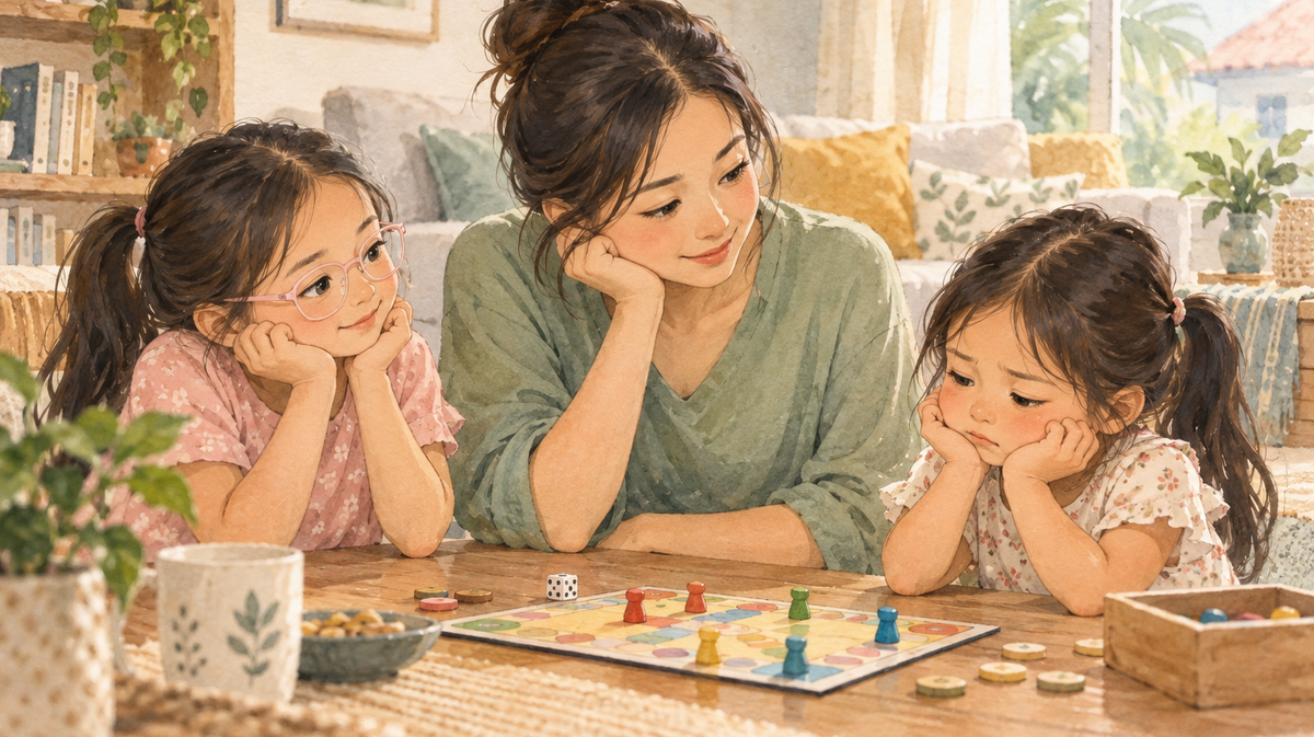 Watercolour illustration of a mother and two daughters at a board game, one child practising how to respond to disappointment