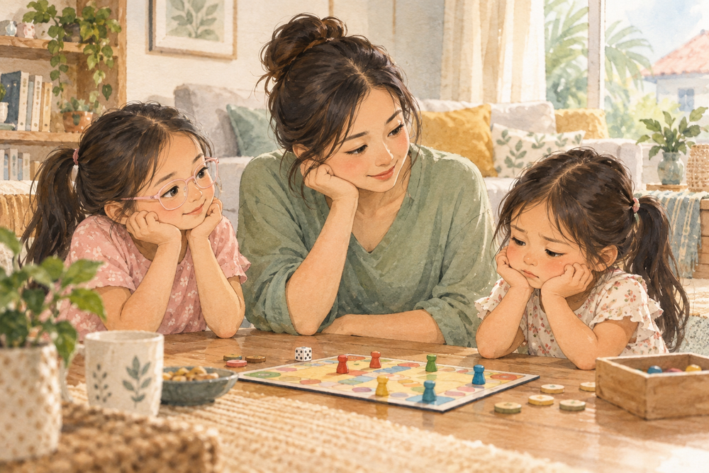 Watercolour illustration of a mother and two daughters at a board game, one child practising how to respond to disappointment