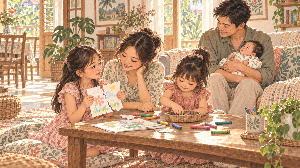 Watercolour illustration of a mother listening as her daughter shows a torn drawing, while her sister gathers crayons and their father holds the baby nearby.