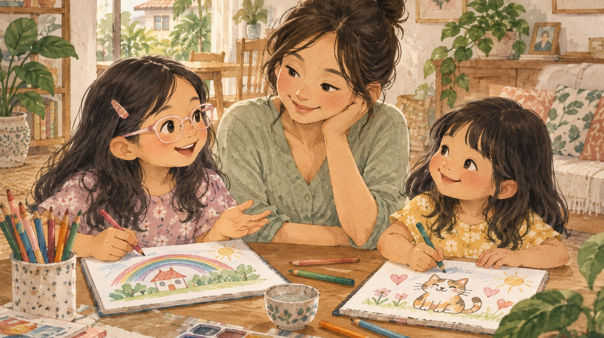 Watercolor illustration of a mother listening to two daughters drawing at a table together.